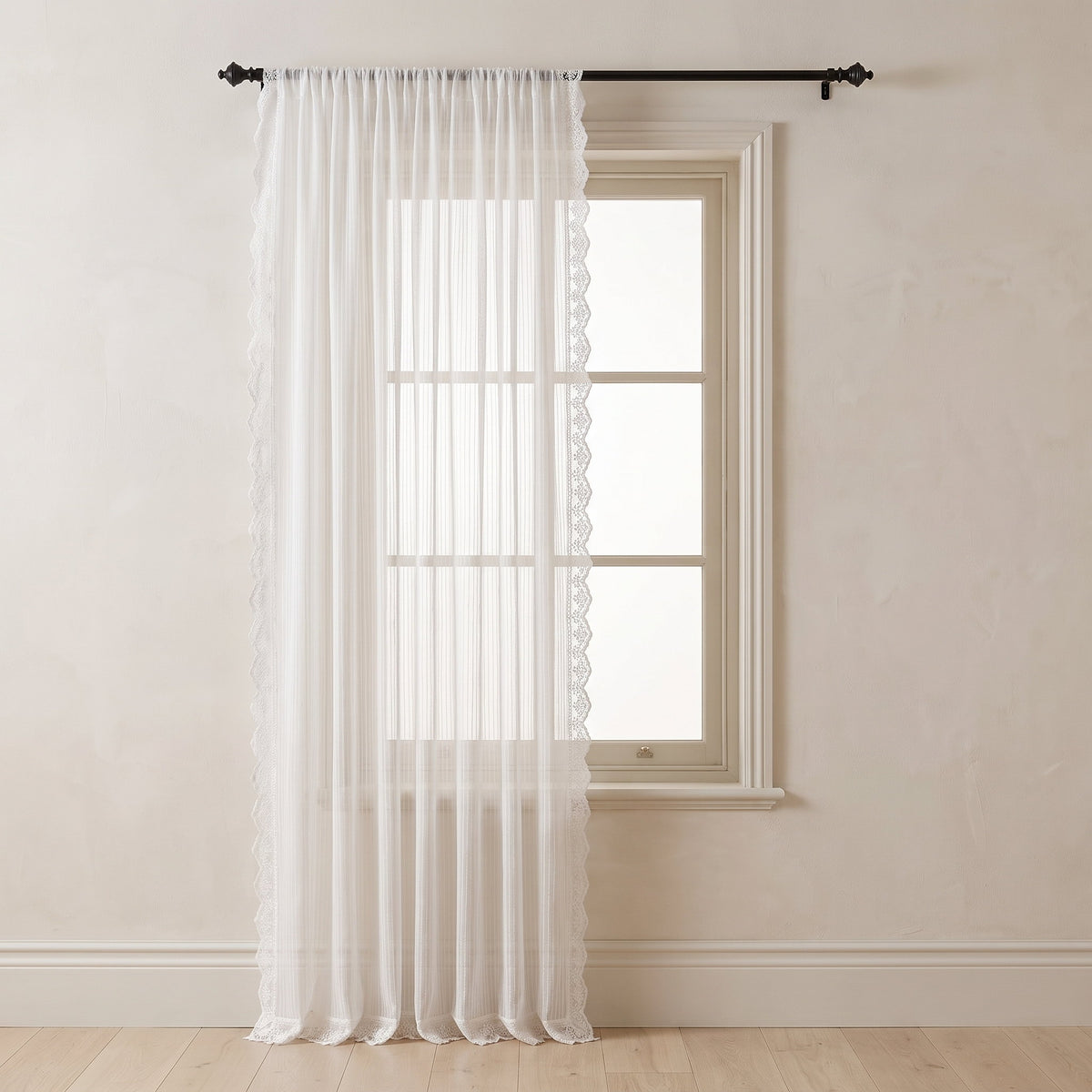 Flora sheer white voile curtain panels with floral lace border, Style Room