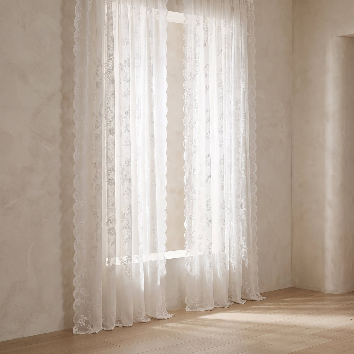 Flora sheer white curtains hanging at a tall window, Style Room