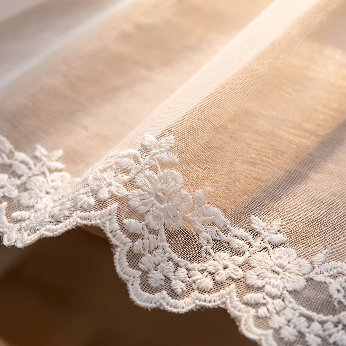 Close-up of the scalloped floral lace border of the Flora curtains, Style Room