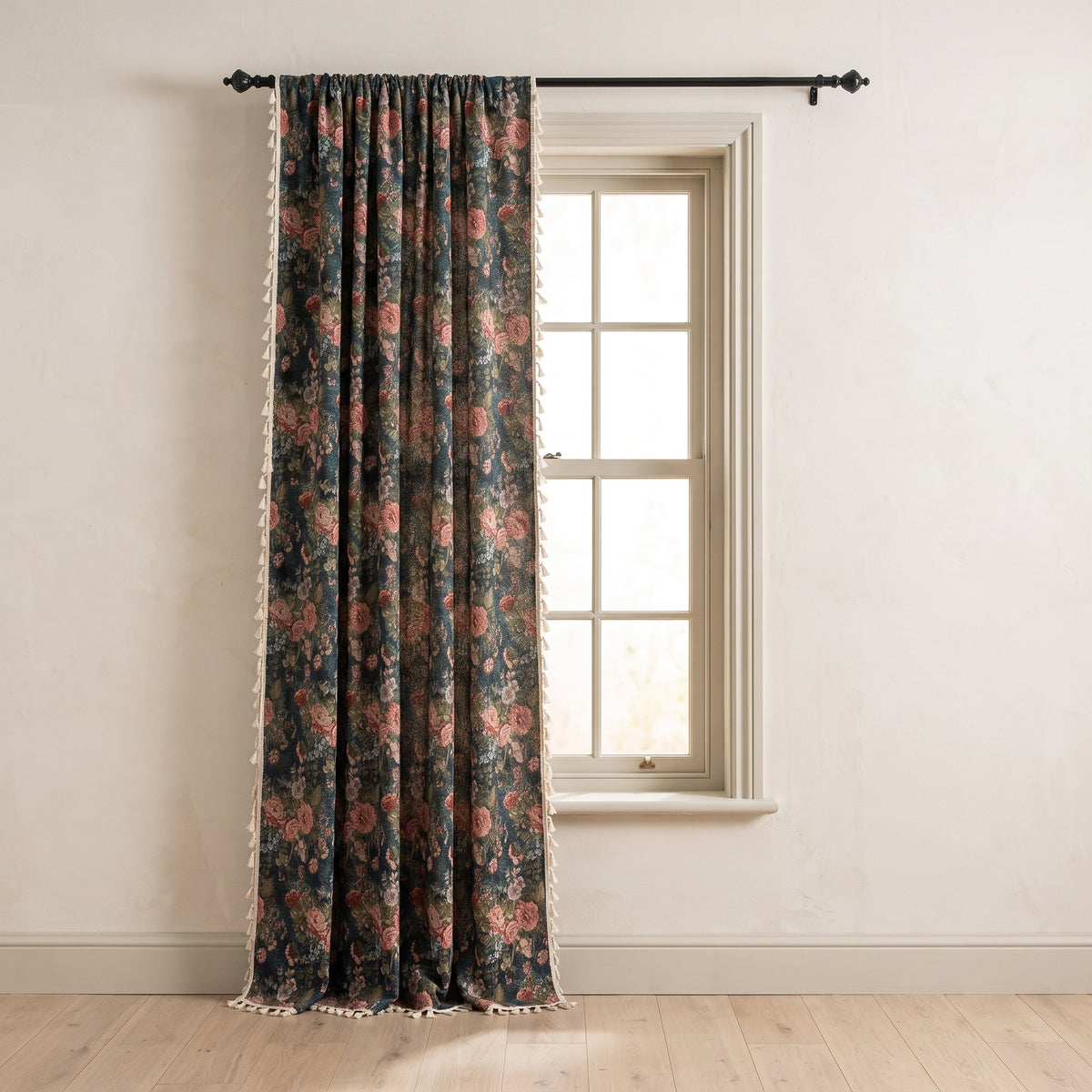 Flora vintage teal floral curtain with cream pom-pom trim, Style Room