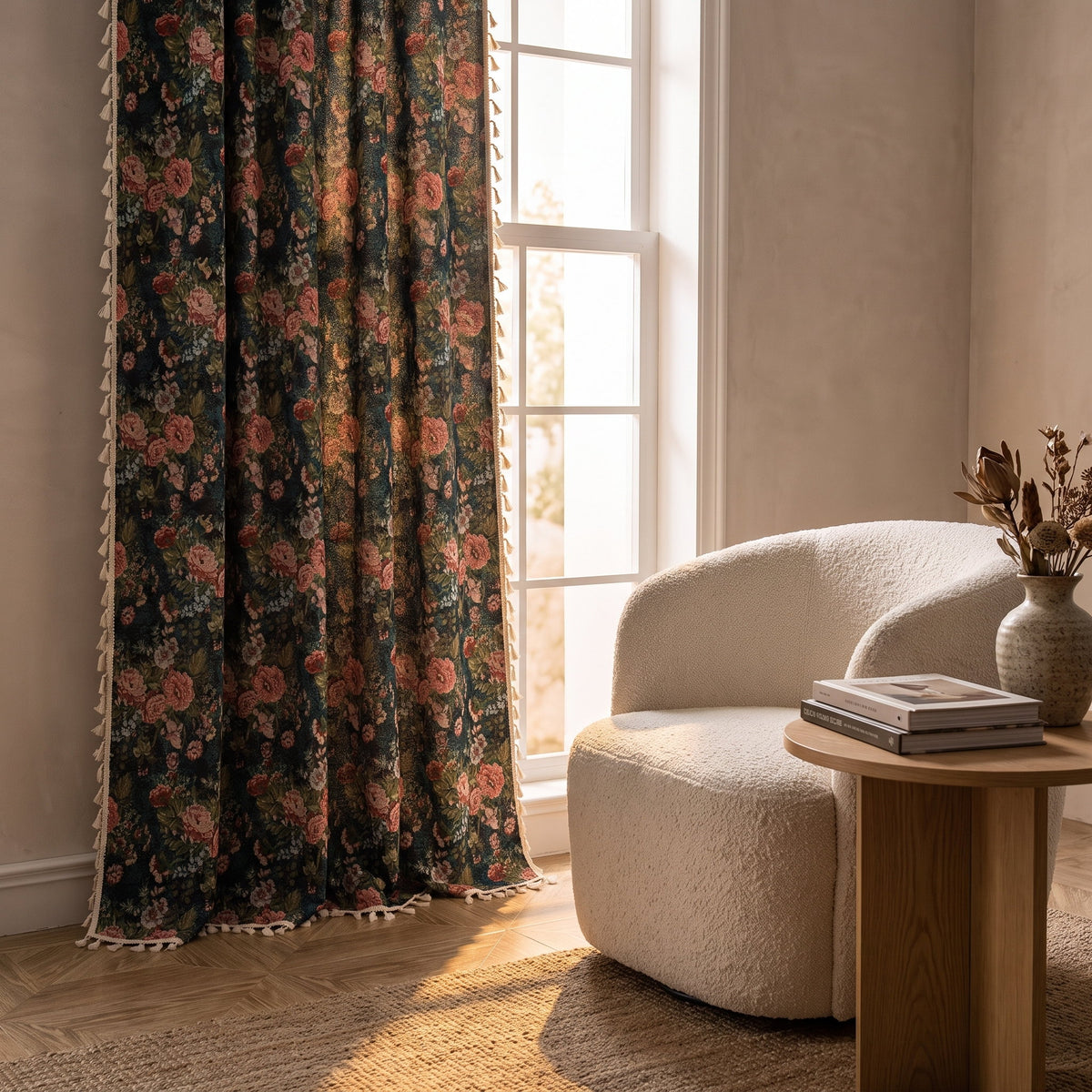 Flora vintage floral curtain hanging at a tall window, Style Room