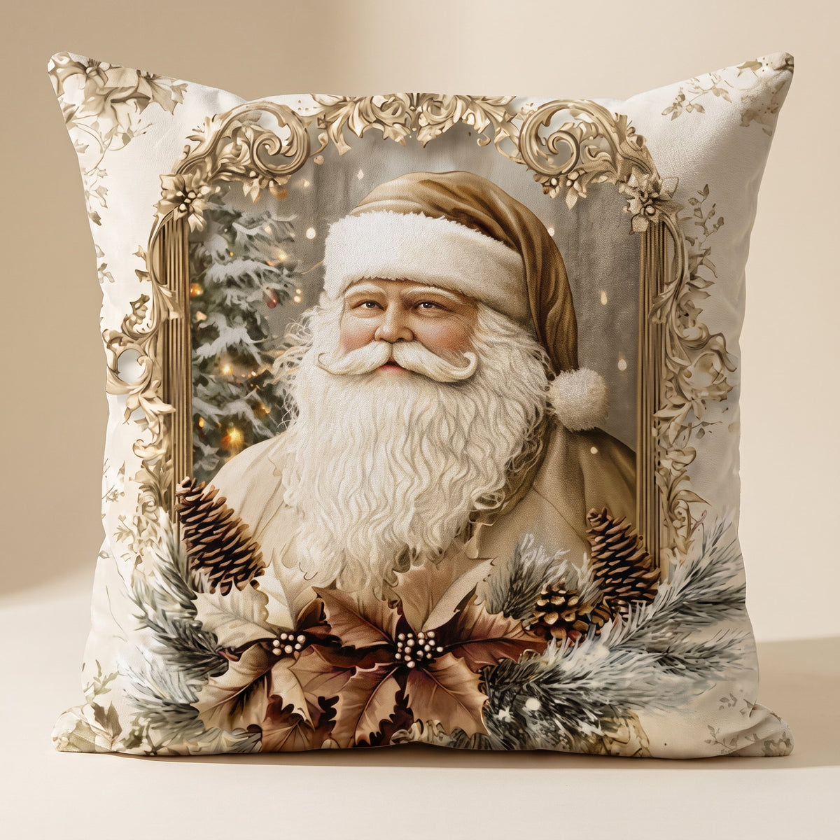 Galen velvet cushion cover in cream with vintage Santa Claus Christmas print, Style Room
