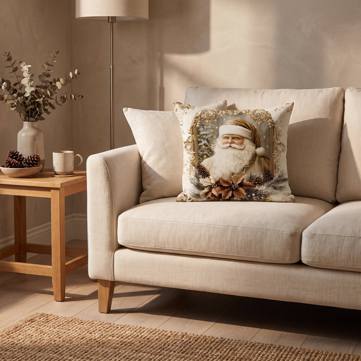 Cream velvet Santa cushion on a linen sofa in a warm winter sitting room, Style Room