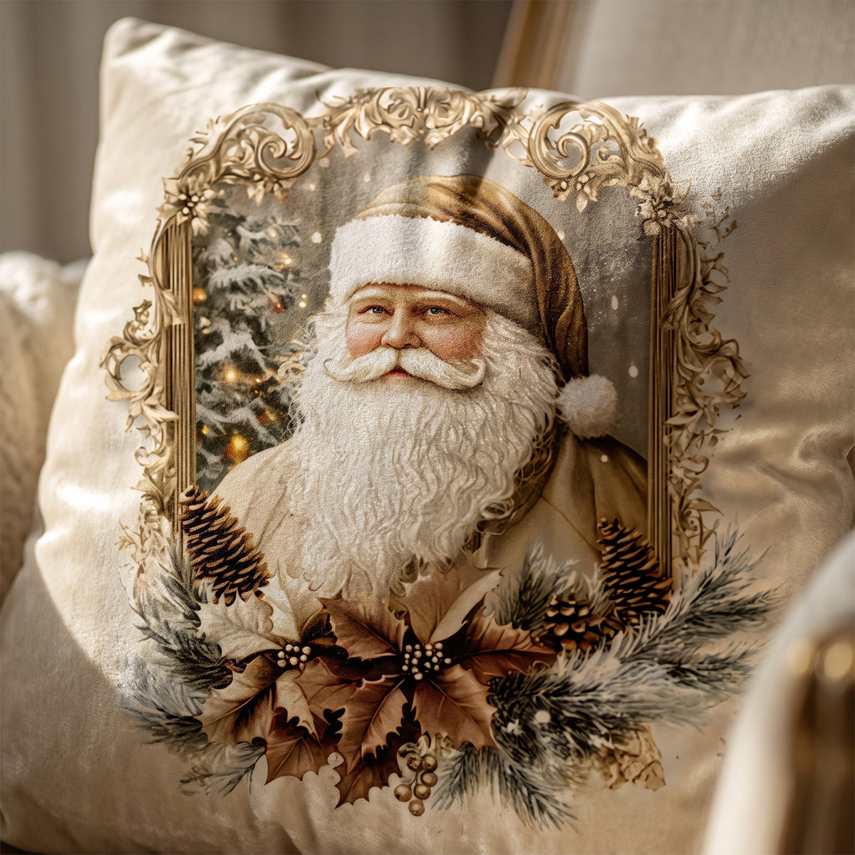 Close-up of the vintage Santa print and gilded frame on the Galen velvet cushion, Style Room