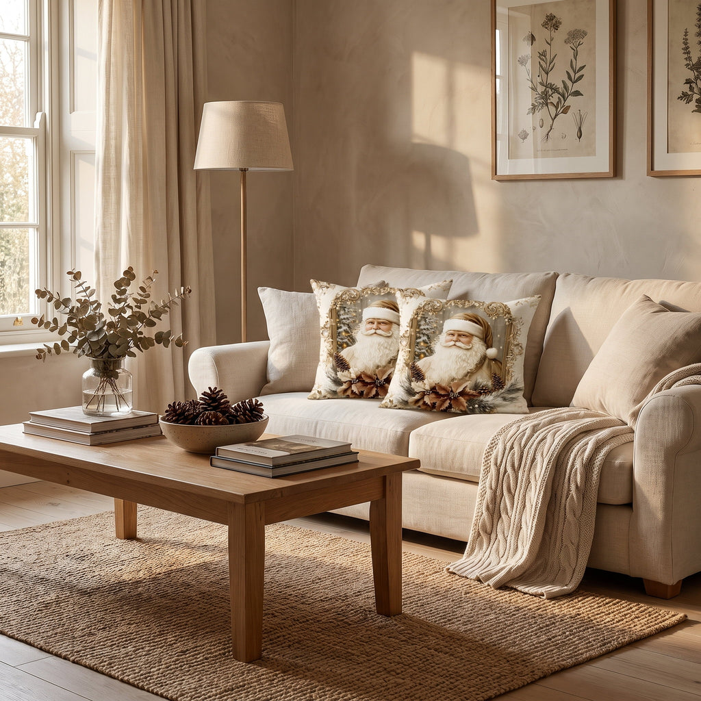 Winter sitting room with Galen Santa velvet cushions on a linen sofa, Style Room