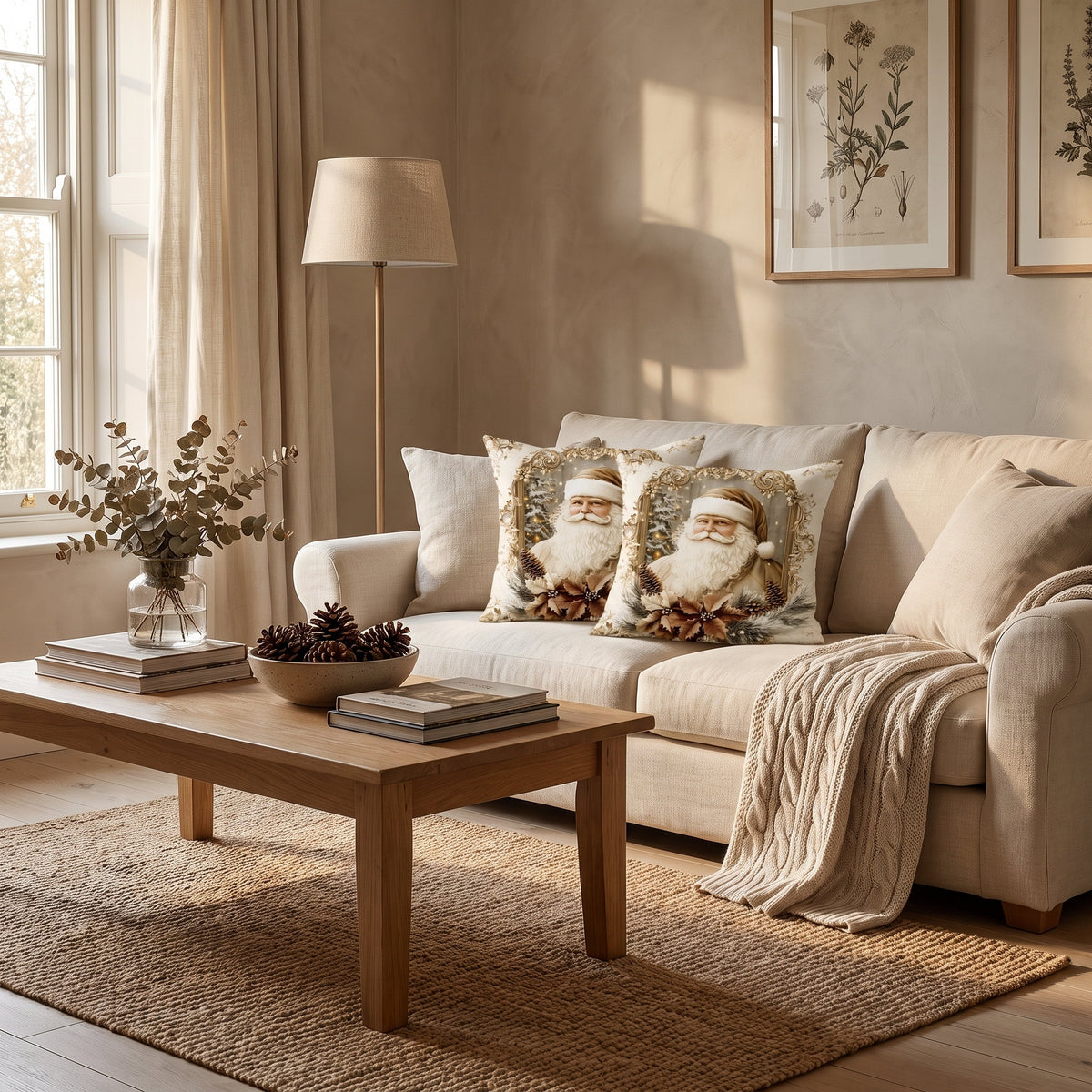Winter sitting room with Galen Santa velvet cushions on a linen sofa, Style Room