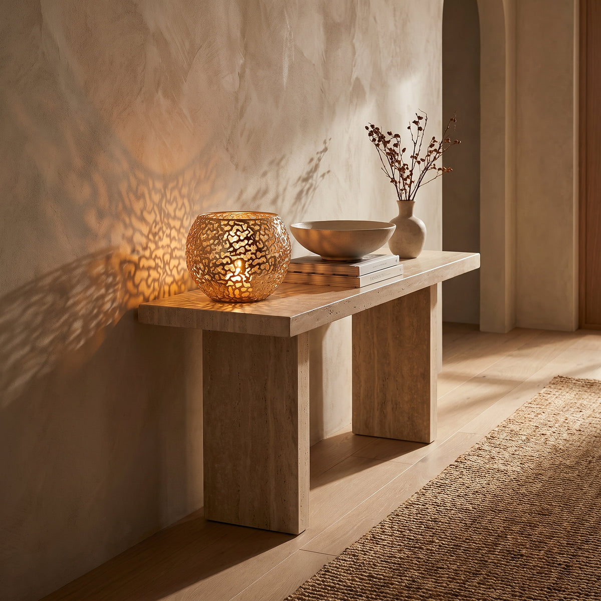 Gleam sphere holder lit on a travertine console, Style Room