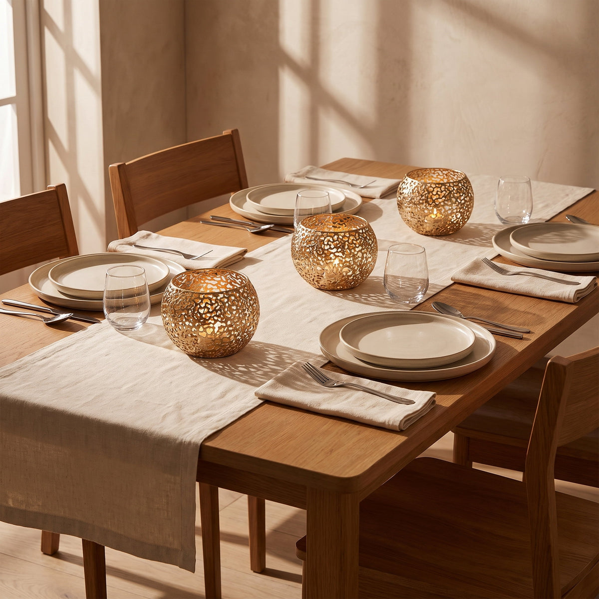 Gleam sphere holders lit on a laid dining table, Style Room
