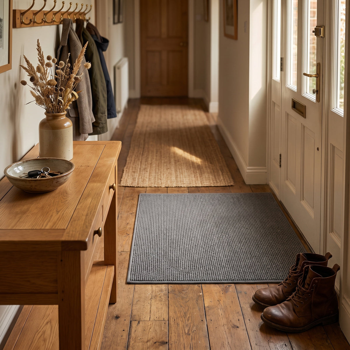 Halden mat inside the front door of a furnished British hallway, Style Room