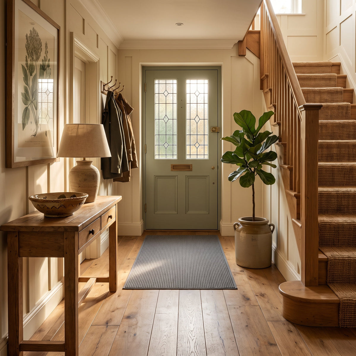 Halden mat in a fully furnished entrance hall with a console and stairs, Style Room