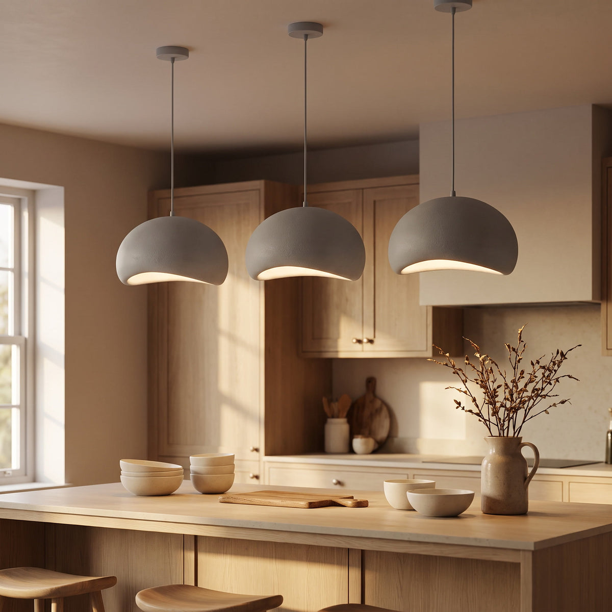 Three Halo pendants lit in a row above an oak kitchen island, each on its own cord, Style Room