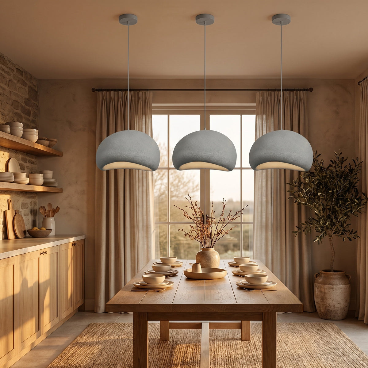 Three Halo pendants lit in a row above a dining table in a furnished kitchen, Style Room