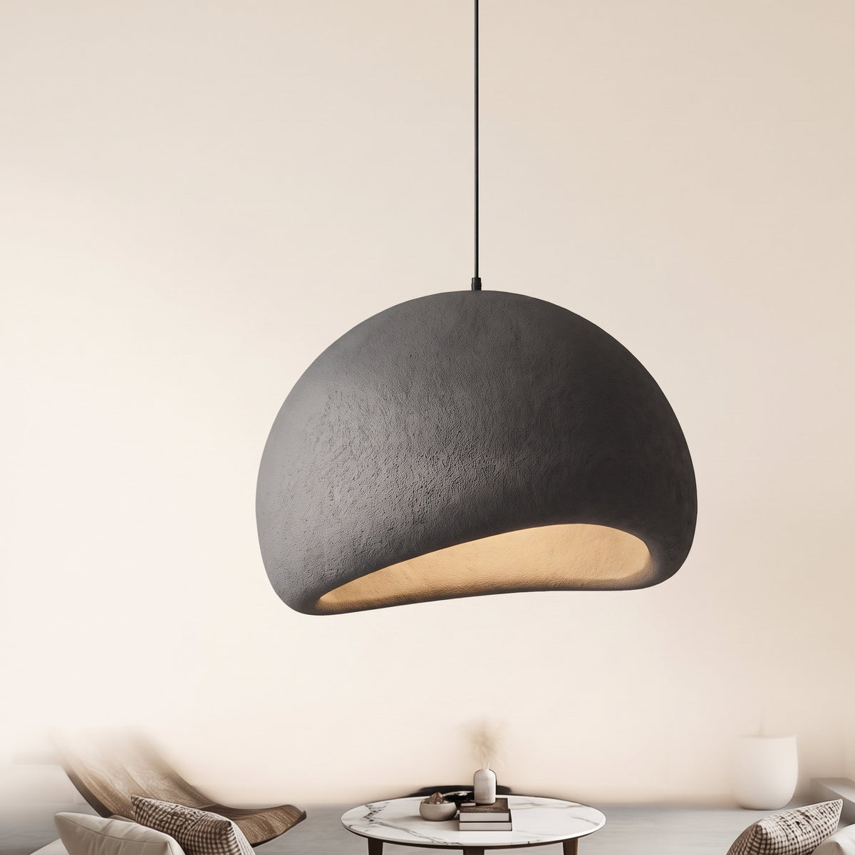 Halo dome pendant light in matt anthracite, lit, hanging in a furnished sitting room, Style Room