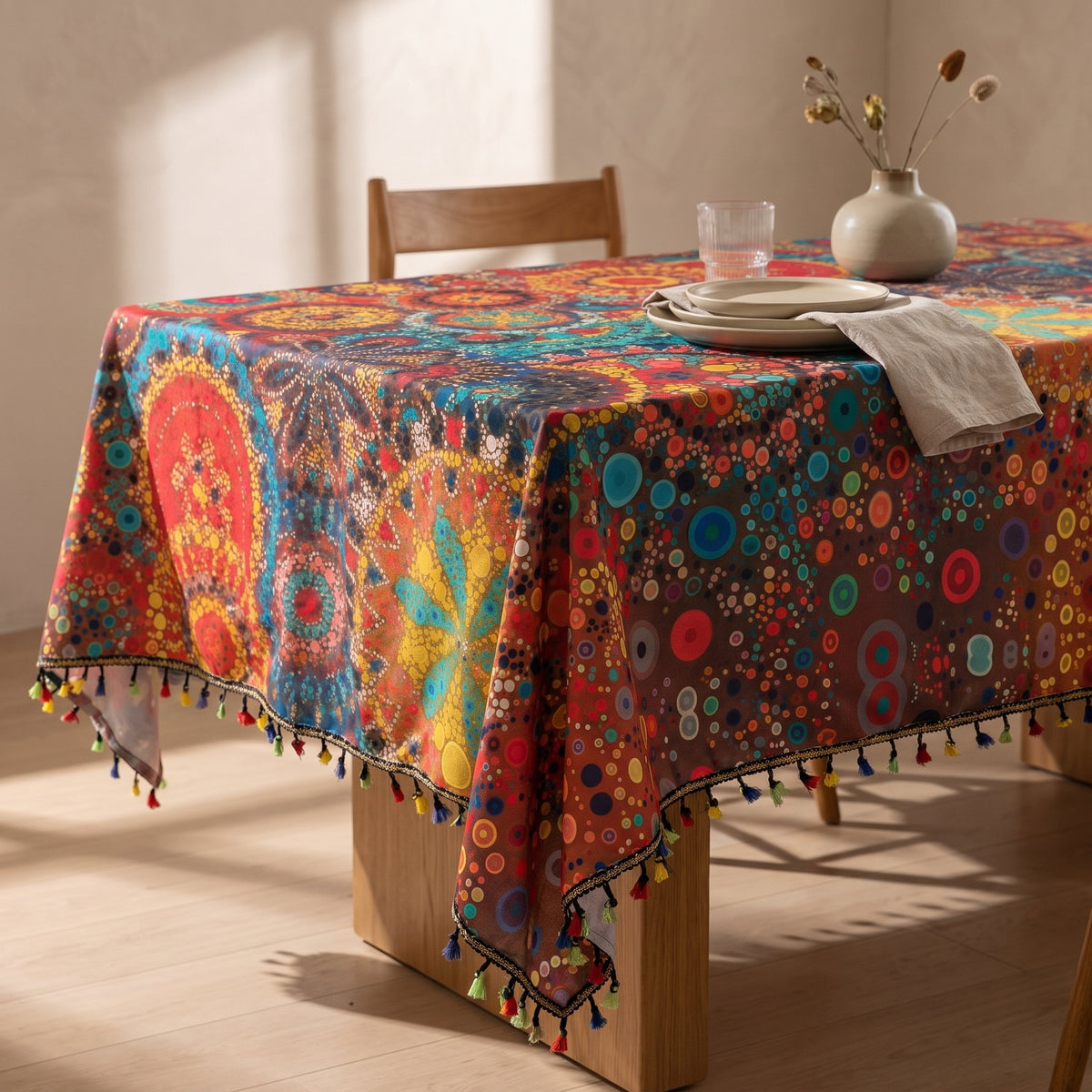 Haven Bloom multicoloured mandala tablecloth with tassel fringe, Style Room