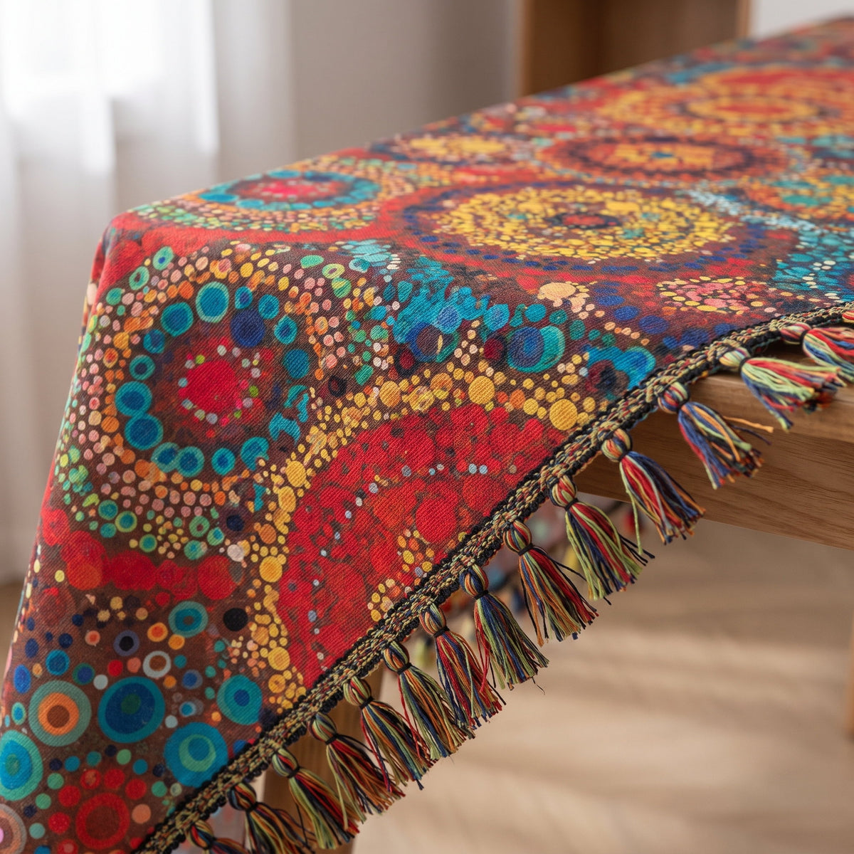 Close-up of the mandala print and tassel fringe of the Haven Bloom tablecloth, Style Room