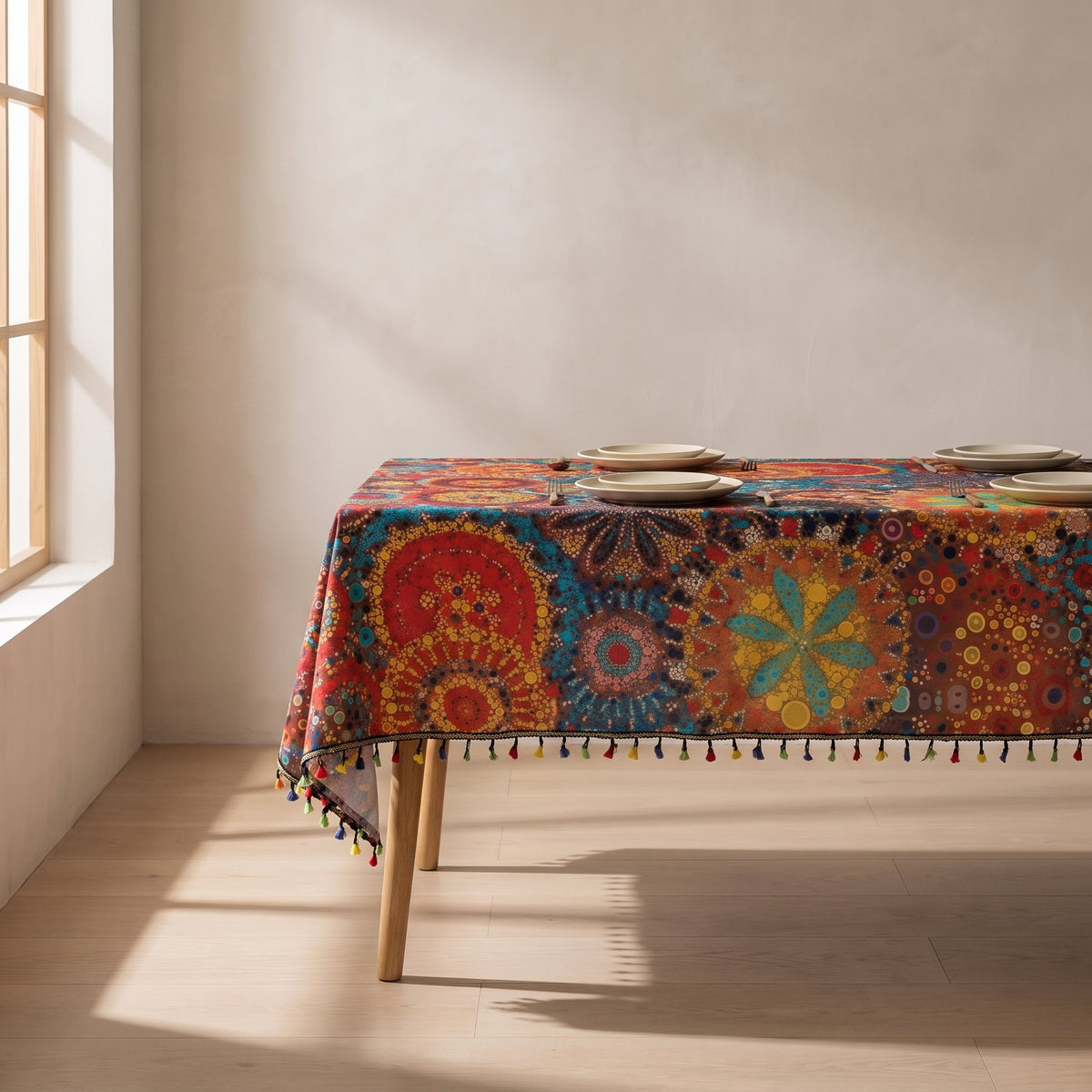 Haven Bloom tablecloth on a laid dining table in a calm room, Style Room