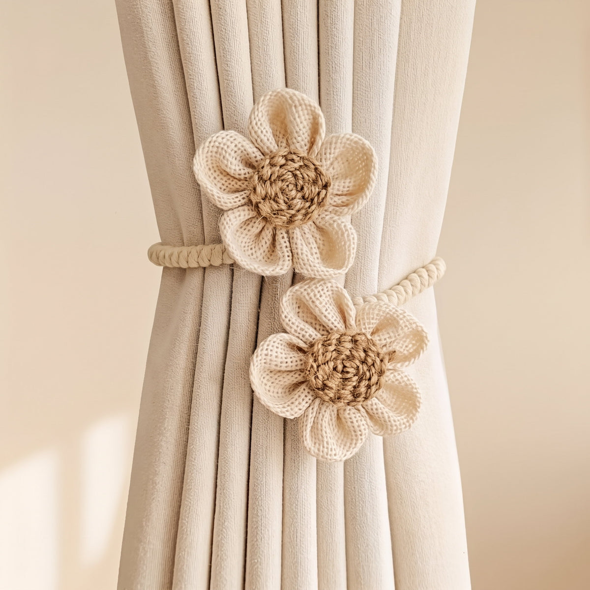 Haven floral tiebacks in cream crochet flowers on natural hemp rope, Style Room
