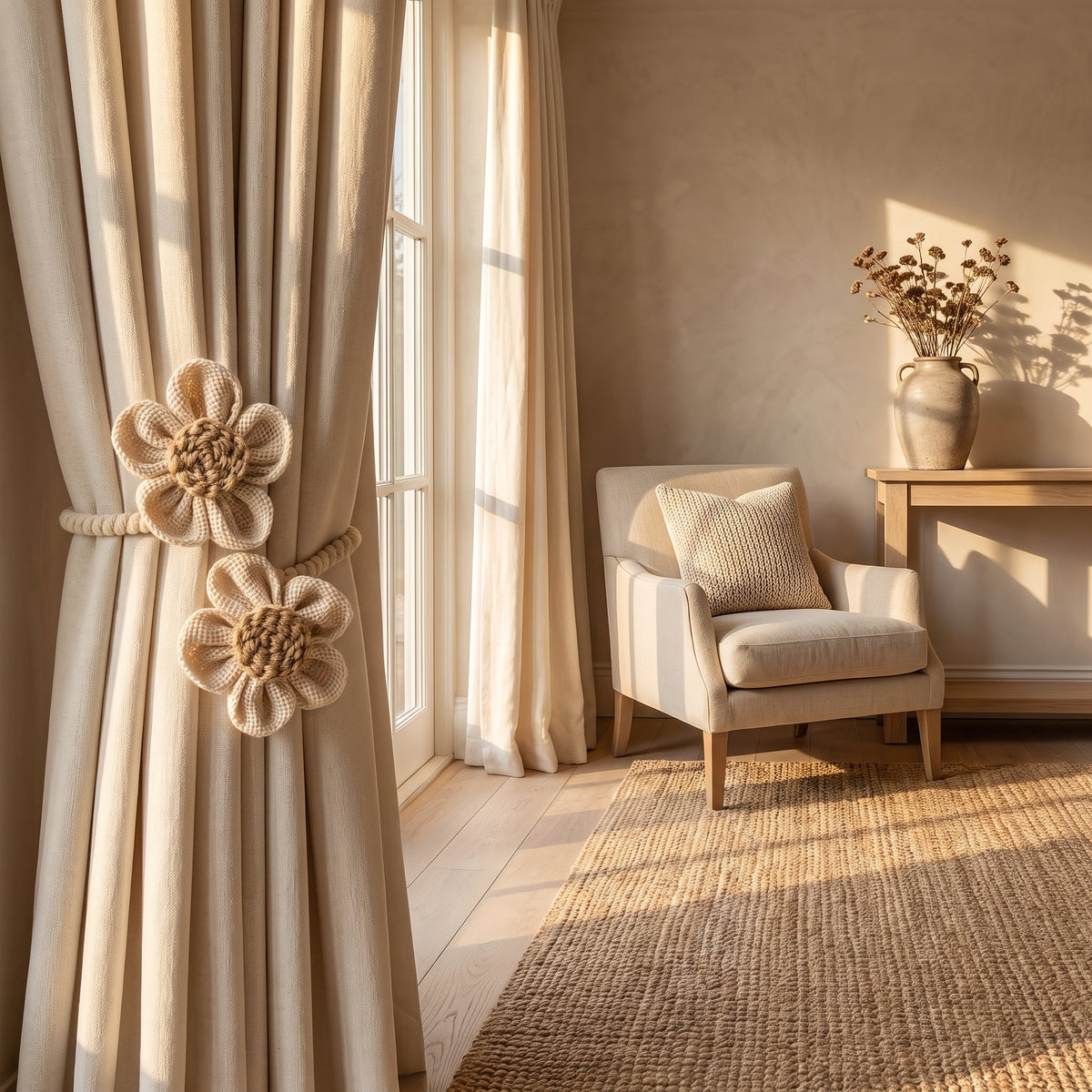 Cream crochet flower tiebacks holding linen curtains at a sitting room window, Style Room