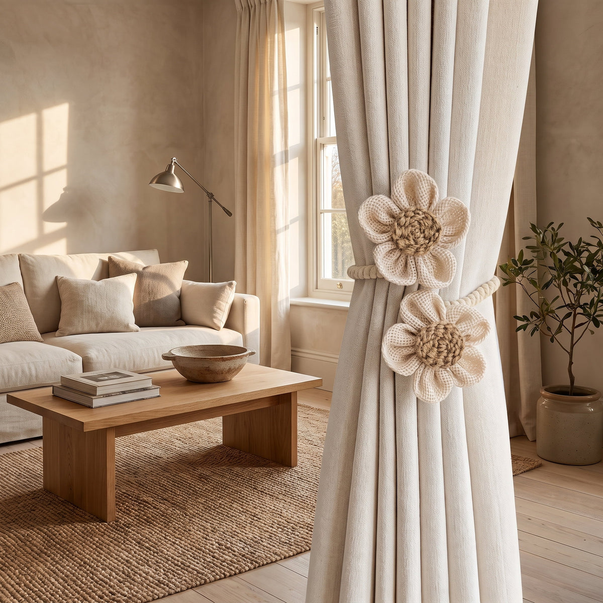 Sitting room window with the Haven crochet flower tieback on a linen curtain, Style Room