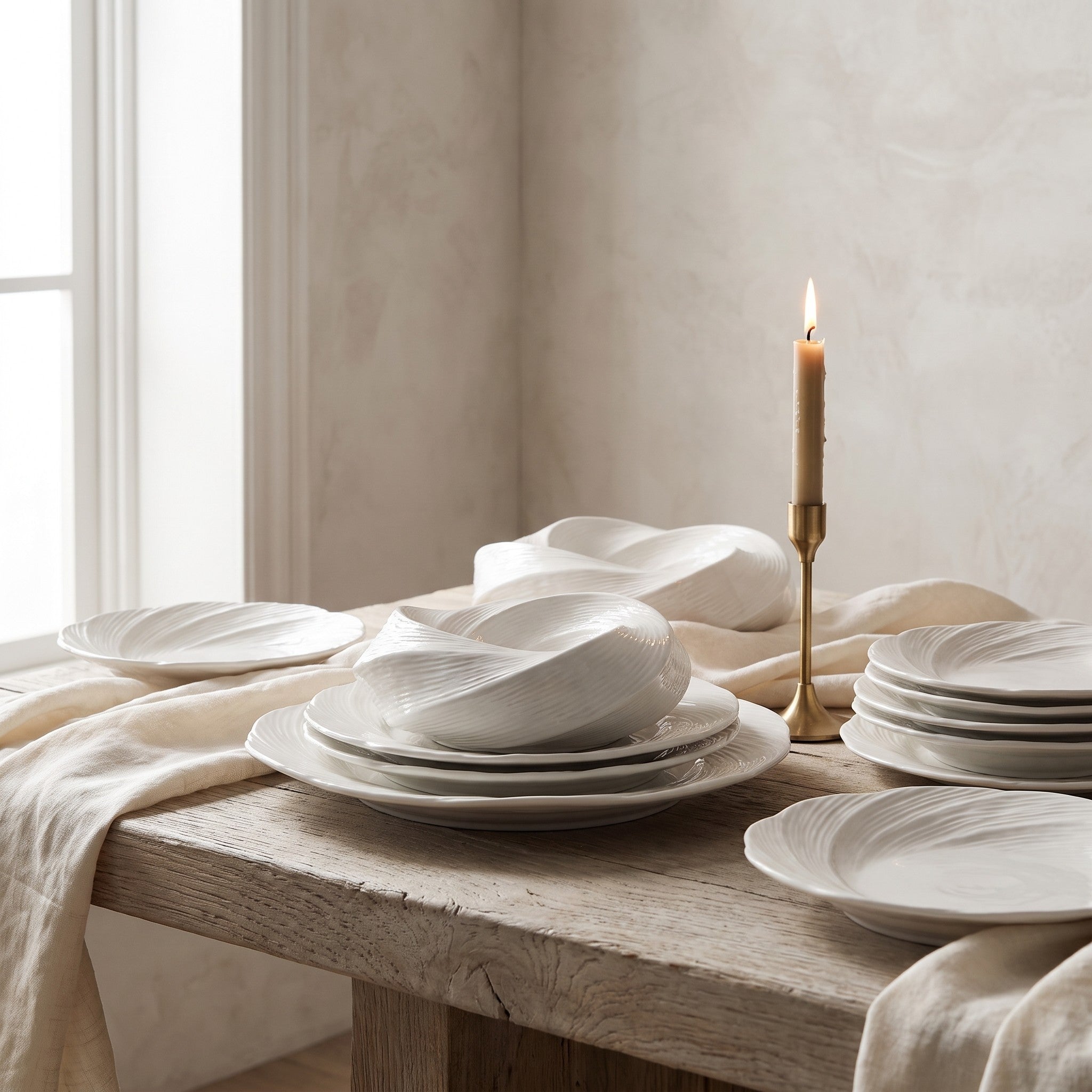 Imara white ceramic serving plate with swirled ridges, view 3