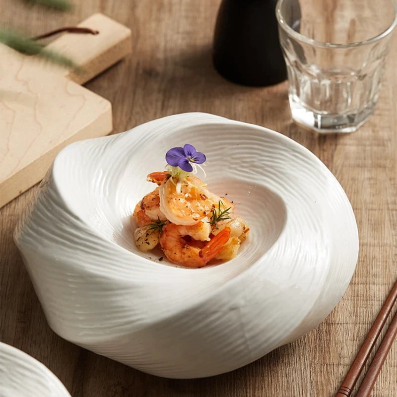 Imara white ceramic serving plate with swirled ridges, view 6