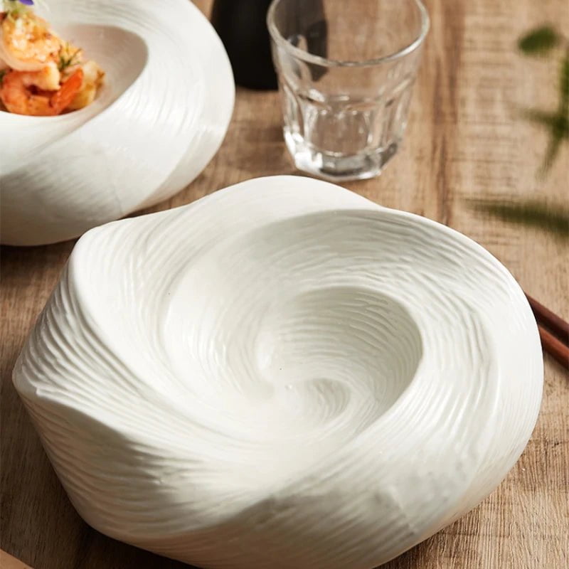 Imara white ceramic serving plate with swirled ridges, view 7