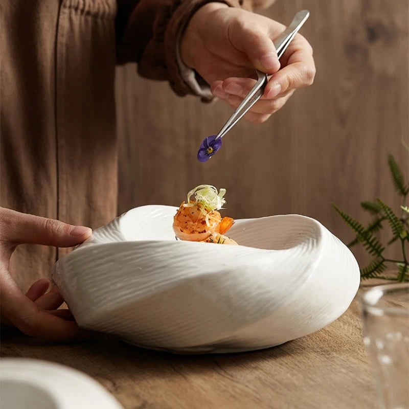 Imara white ceramic serving plate with swirled ridges, view 8
