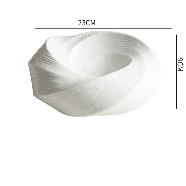 Imara white ceramic serving plate with swirled ridges, view 9