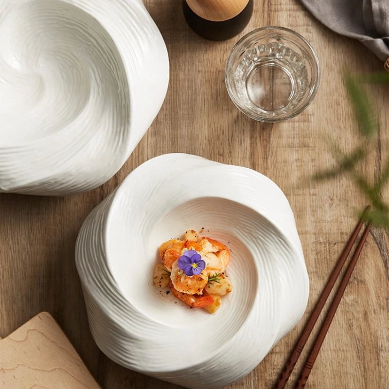 Imara white ceramic serving plate with swirled ridges, view 11