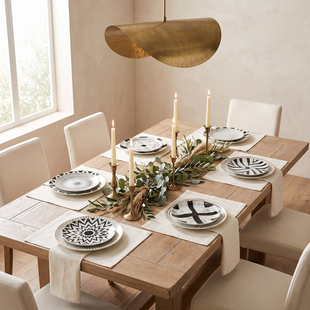 Juno plates on a dining table under a brass pendant light