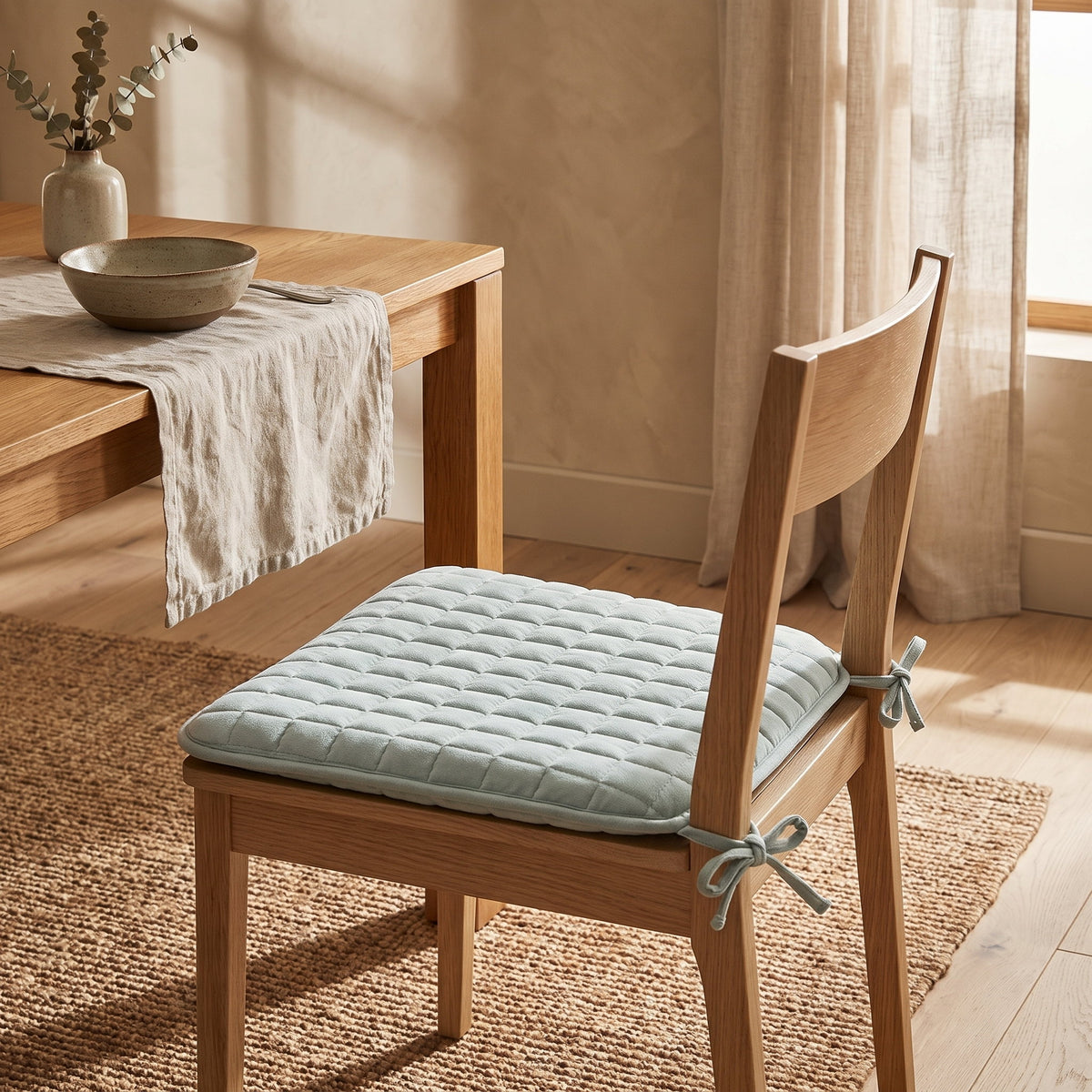 Frost blue quilted seat cushion tied to an oak dining chair in a warm dining room, Style Room