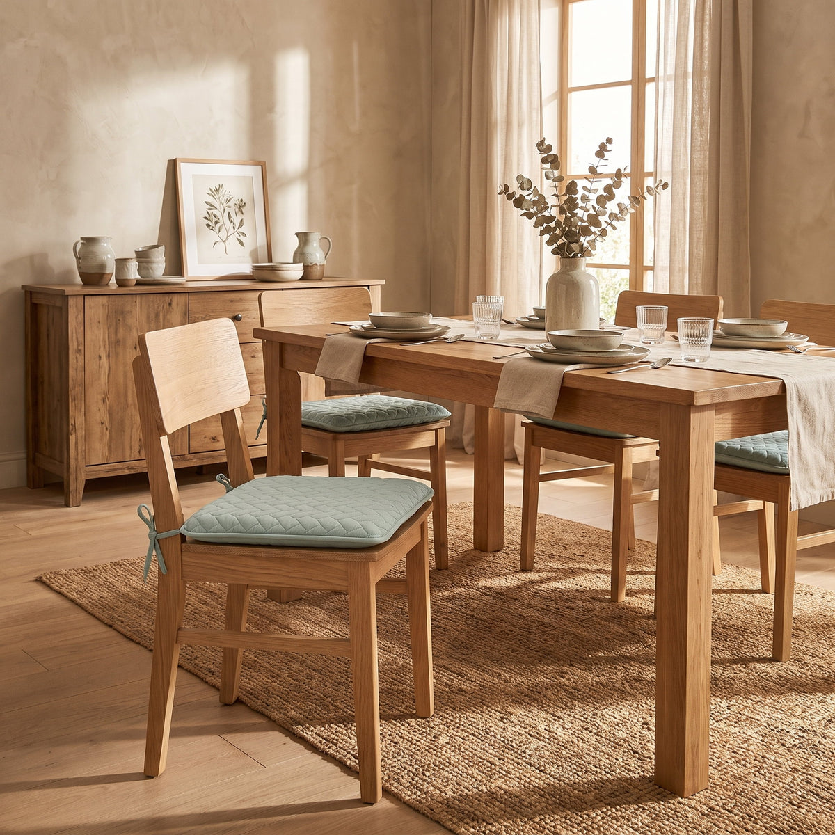 Dining room with Kairo frost blue quilted seat cushions on oak chairs, Style Room