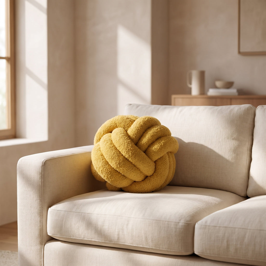Kora yellow knotted boucle cushion on a cream linen sofa