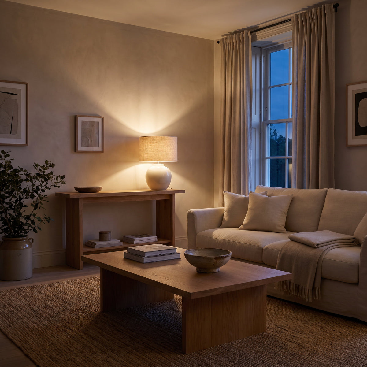 Sitting room at dusk with the Linnea ceramic table lamp lit on a console, Style Room
