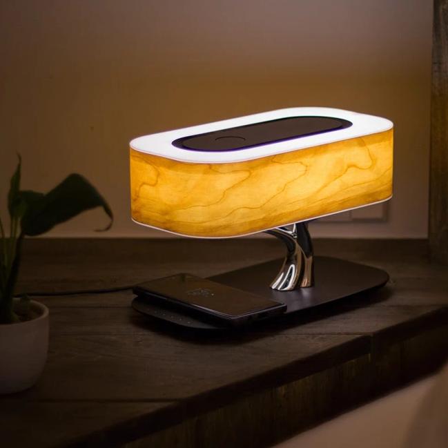 Liora table lamp lit on a wooden sideboard beside a potted plant