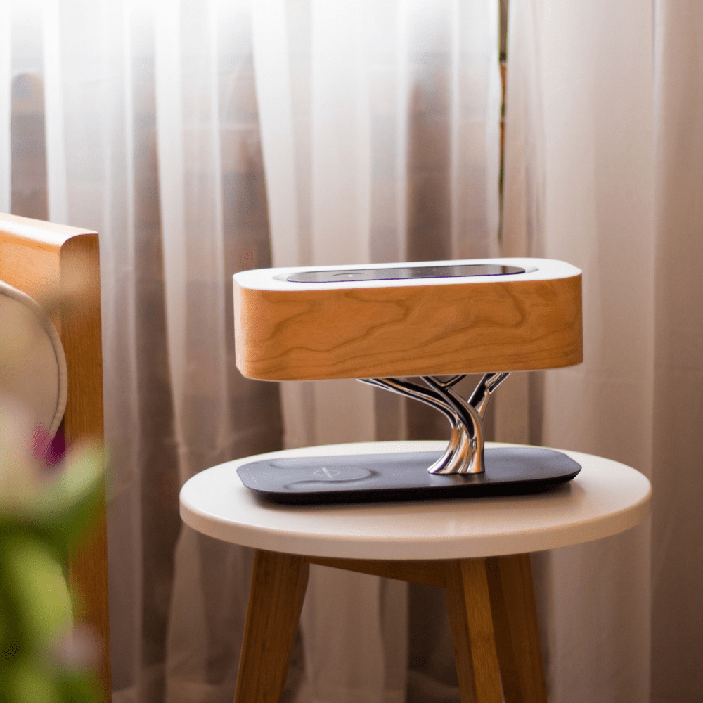 Liora table lamp on dark gravel, showing the open top of the shade and the charging surface on the base