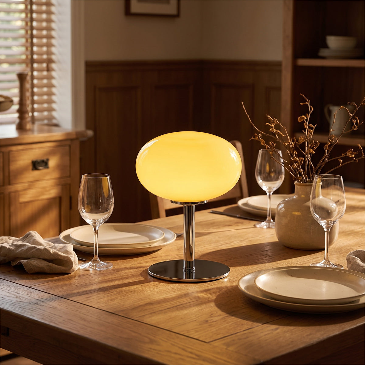Lolly cordless lamp lit in the middle of a laid oak dining table with stoneware and glassware, Style Room