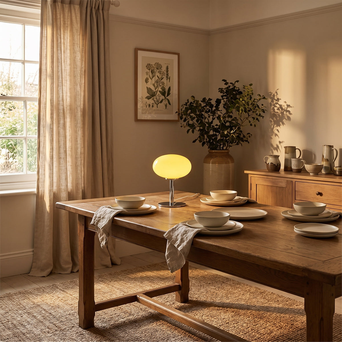 Lolly cordless lamp lit on a dining table in a furnished room with linen curtains and a jute rug, Style Room