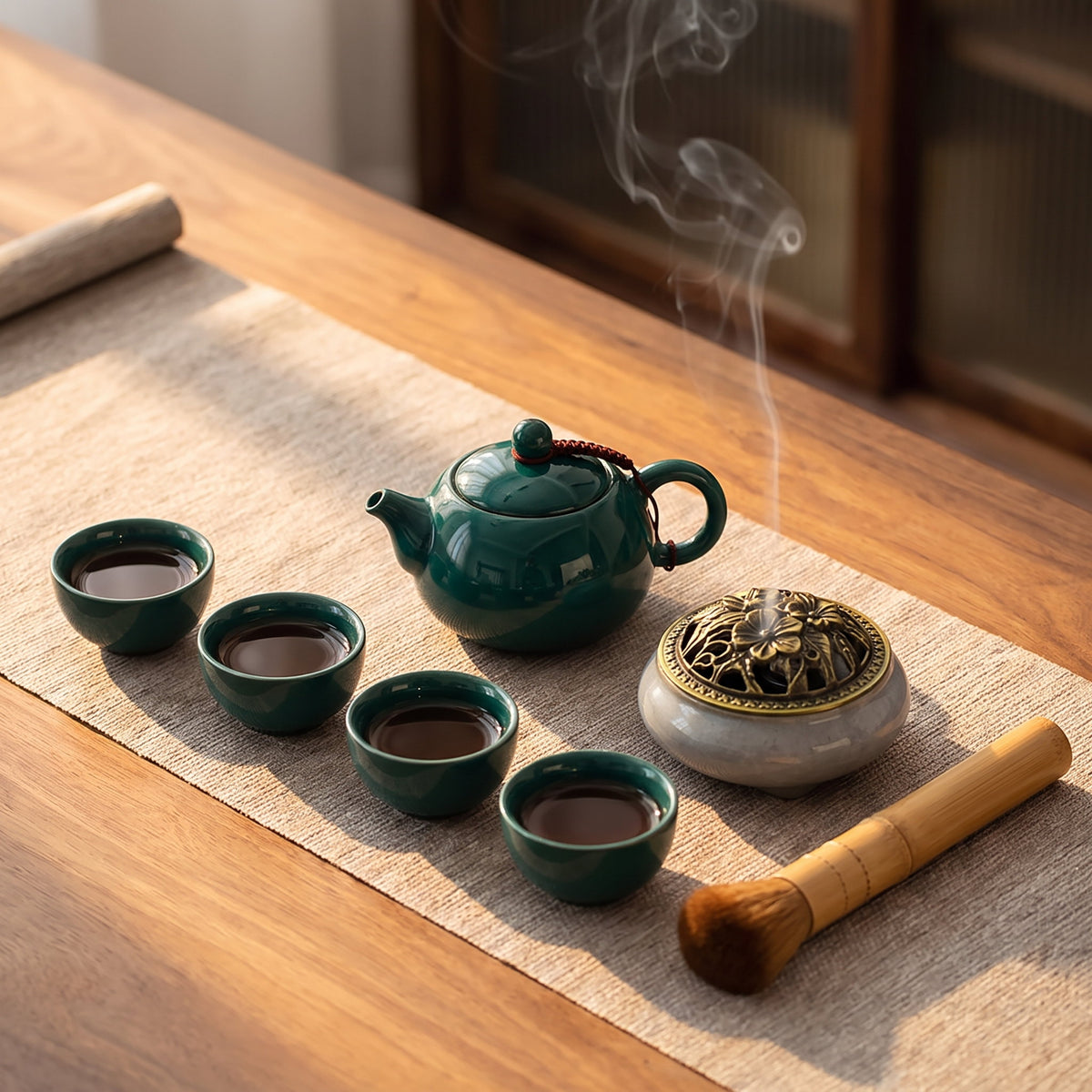 Lotus tea set laid out on a linen runner with the incense burner lit, Style Room