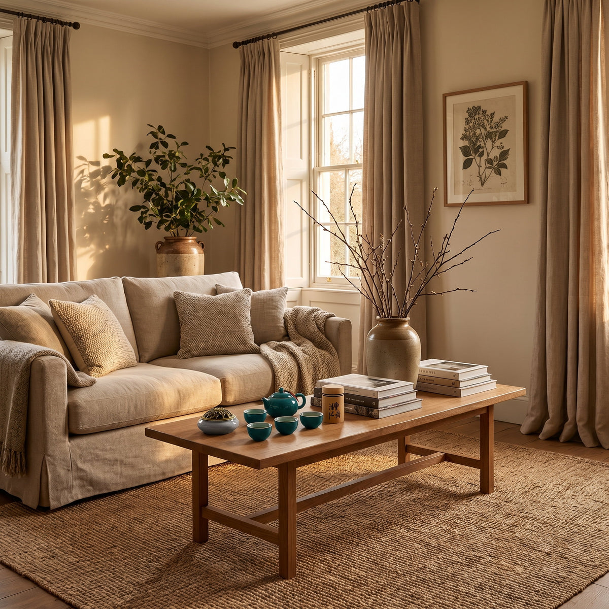 Lotus tea set laid out on a coffee table in a furnished sitting room with a linen sofa, Style Room
