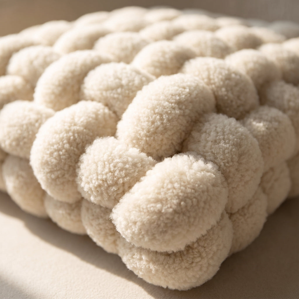 Close-up of the woven plush bobbles of the Luma knot cushion, Style Room