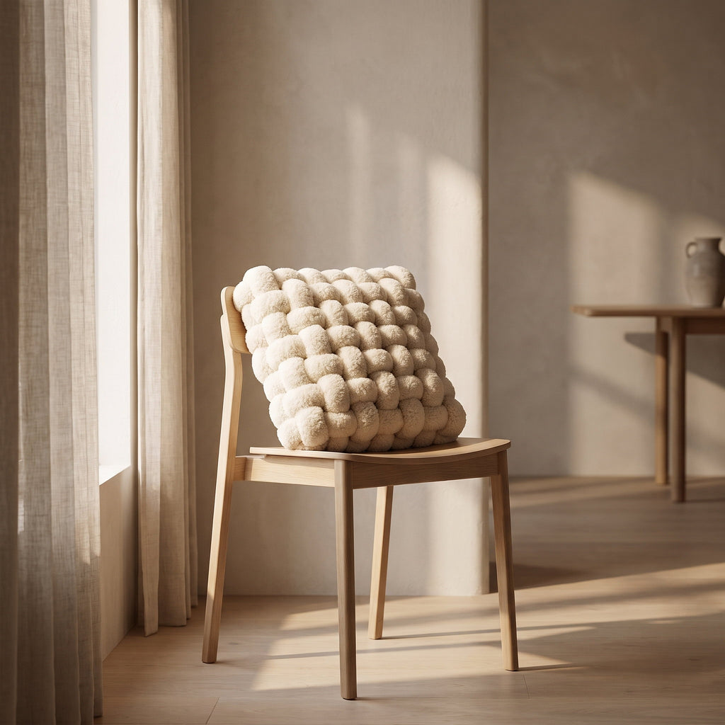 Luma woven knot cushion on a pale oak chair by a window, Style Room