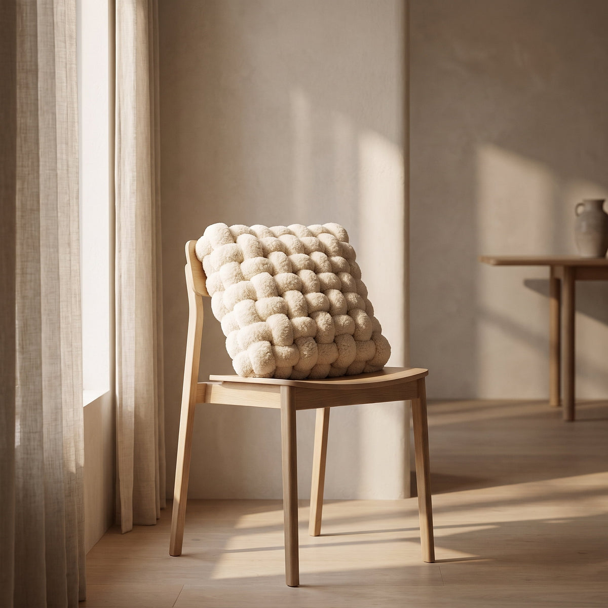 Luma woven knot cushion on a pale oak chair by a window, Style Room