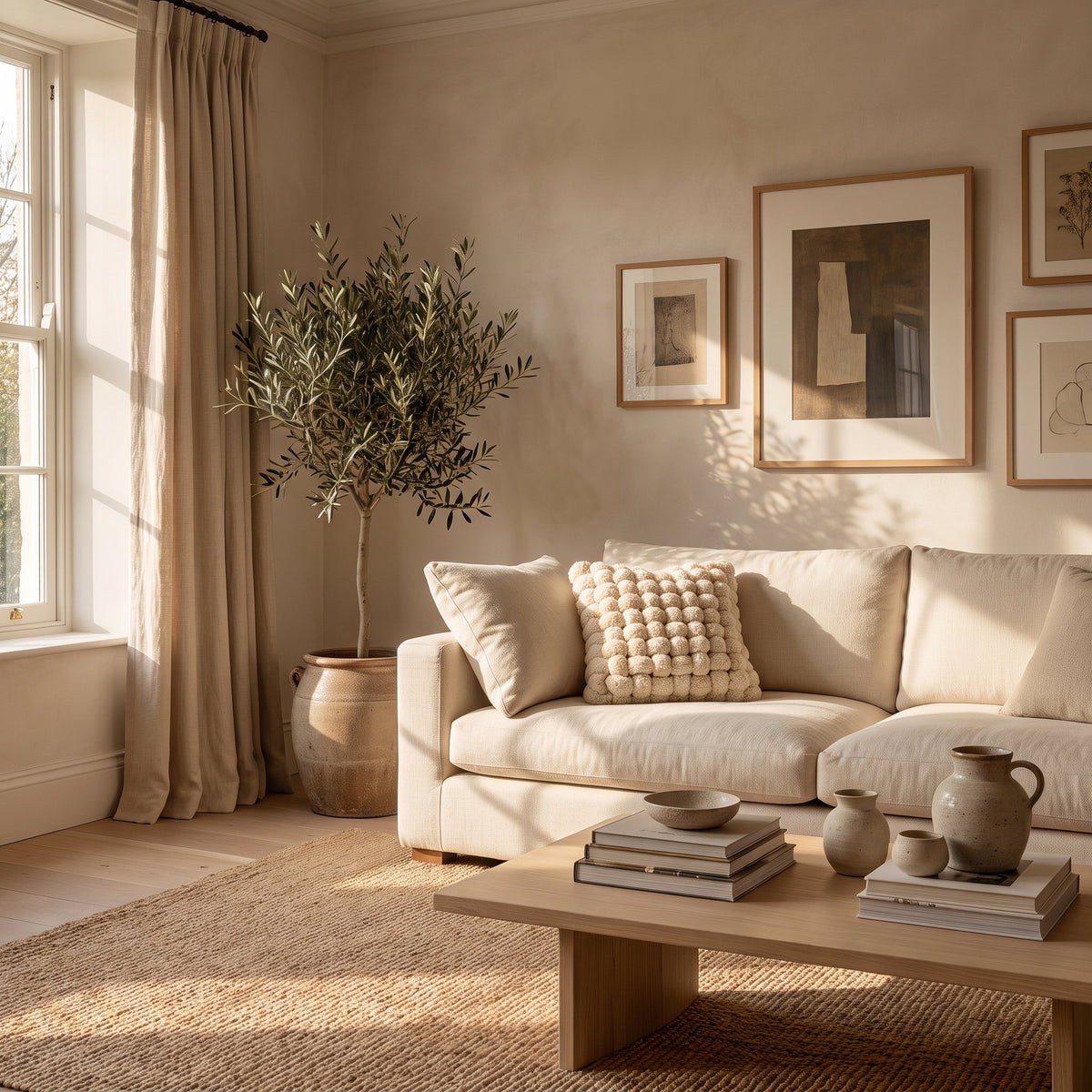 Luma woven knot cushion on a cream linen sofa in a warm living room, Style Room
