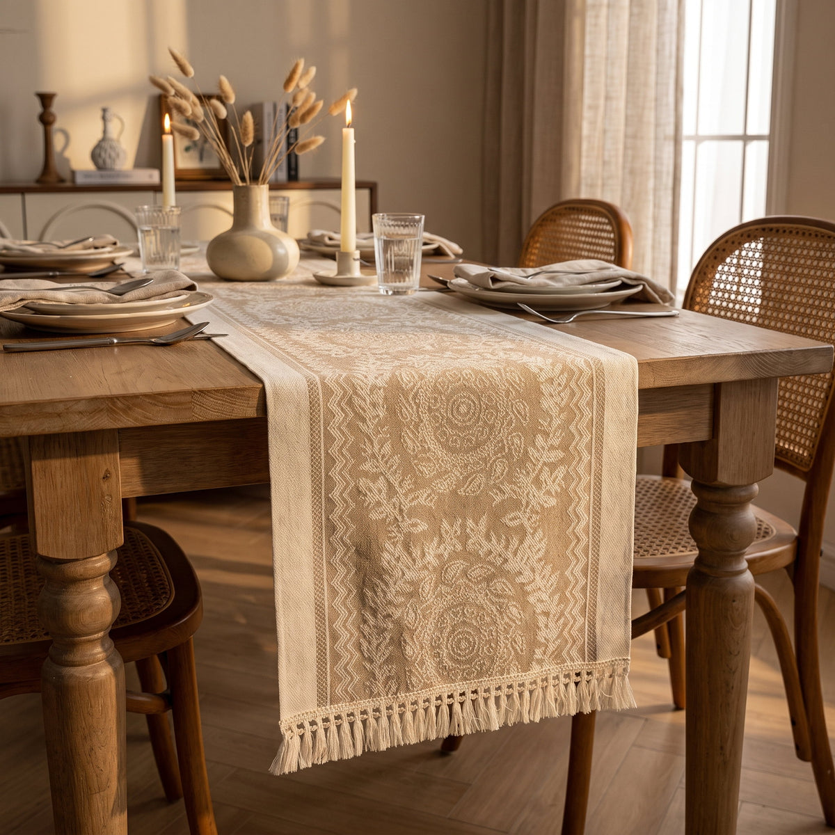Cream lace table runner on a laid oak dining table in warm afternoon light, Style Room