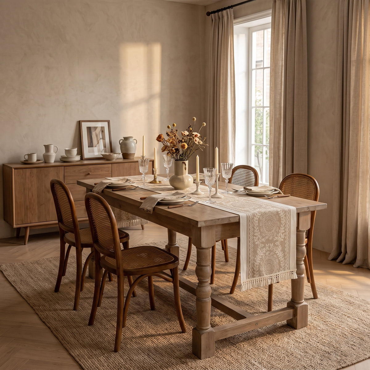 Dining room with the Luna cream lace runner on a laid oak table, Style Room