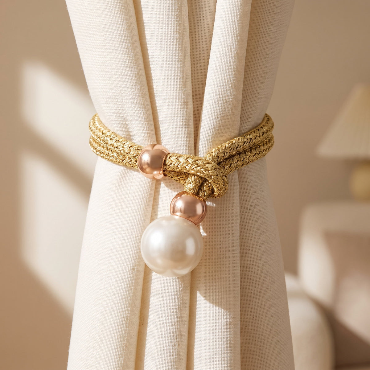 Luna curtain tie back in cream and gold braided cord with faux pearl clasp, Style Room