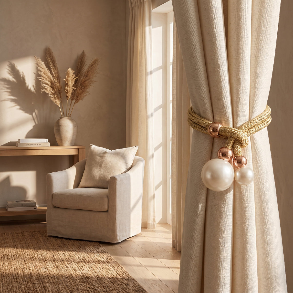 Cream pearl tie backs holding linen curtains at a sitting room window, Style Room
