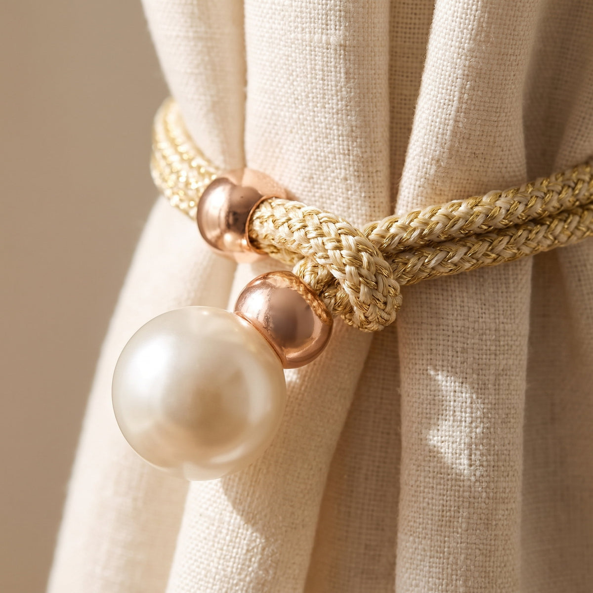 Close-up of the faux pearls and braided cord of the Luna curtain tie back, Style Room