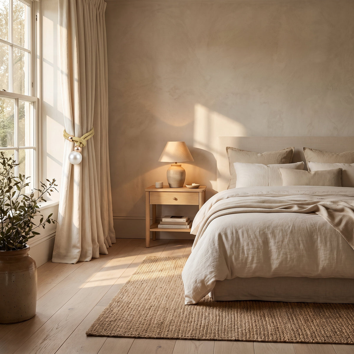 Bedroom window with the Luna pearl curtain tie back on a linen curtain, Style Room